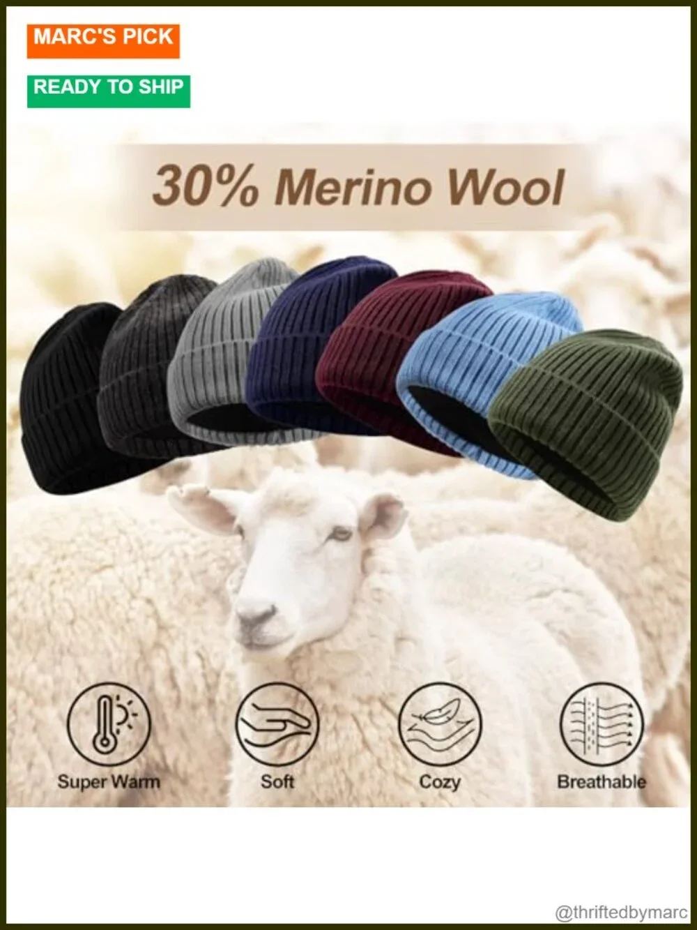 XL/XXL Merino Wool Beanie Fleece Lined Large Winter Hat